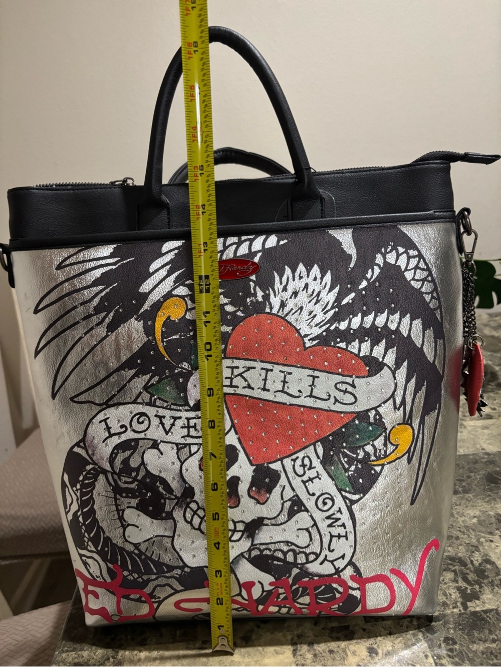 Ed Hardy Silver Metallic Backpack with Black Handles and Red Accents - Picture 11 of 15